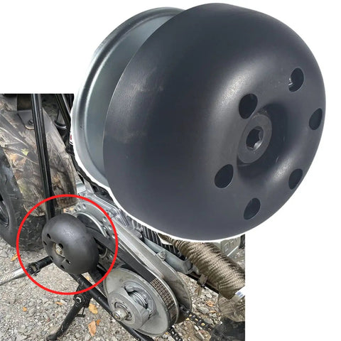 Close-up of Three Quarter Bore Torque Converter Driver Clutch for Mini Bikes and Go Karts installed on an engine.