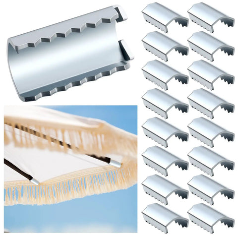 16 Pack Patio Umbrella Rib End Clips 1 Inch For Securing Canopy Fabric And Repairing Ribs, shown in silver with umbrella setup
