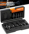 Front view of THINKWORK 5‑pc HSS four-flute step drill bit set in a black case with orange label