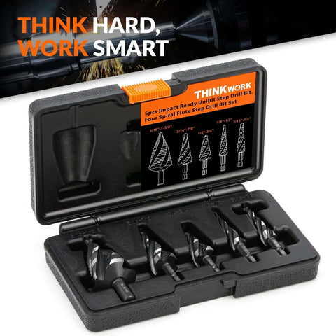 Front view of THINKWORK 5‑pc HSS four-flute step drill bit set in a black case with orange label