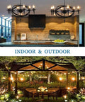Modern kitchen and garden with 40 Watt LED Filament Chandelier Bulbs, Frosted Glass, highlighting indoor and outdoor use.