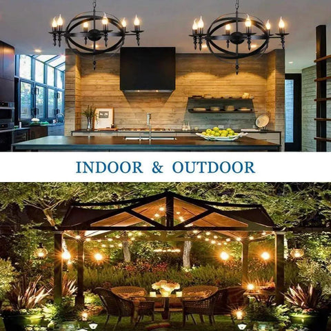 Modern kitchen and garden with 40 Watt LED Filament Chandelier Bulbs, Frosted Glass, highlighting indoor and outdoor use.