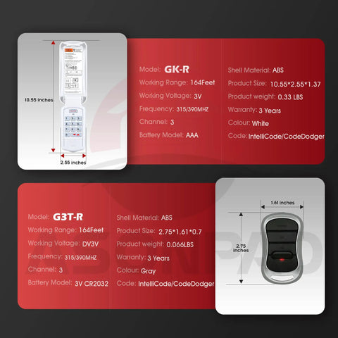 Must Have Universal Garage Door Opener Remote Compatible With G3T A R BX Series For 1997 To Present Openers, Total Plug And Play Ease, Not For Dip Switch Models, Replacement For G3T B, 5 Year Warranty showing dimensions of models GK-R and G3T-R