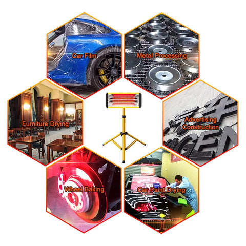 Beast 2000W Infrared Paint Curing Lamp For Body Repair With Adjustable Stand shown in multiple use scenarios like car paint drying.