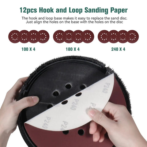 Hands holding 12pcs hook and loop sandpaper for Foldable Drywall Sander With LED Work Light and Auto Vacuum, 750W Motor