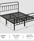 Queen Size Metal Bed Frame With Chic Victorian Headboard And Footboard Built Tough Like A Tank Skip The Box Spring Hassle Free Setup Plenty Of Under Bed Storage Black with dimensions shown.