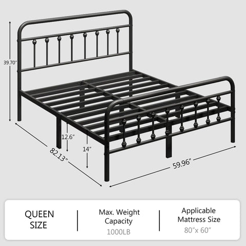 Queen Size Metal Bed Frame With Chic Victorian Headboard And Footboard Built Tough Like A Tank Skip The Box Spring Hassle Free Setup Plenty Of Under Bed Storage Black with dimensions shown.