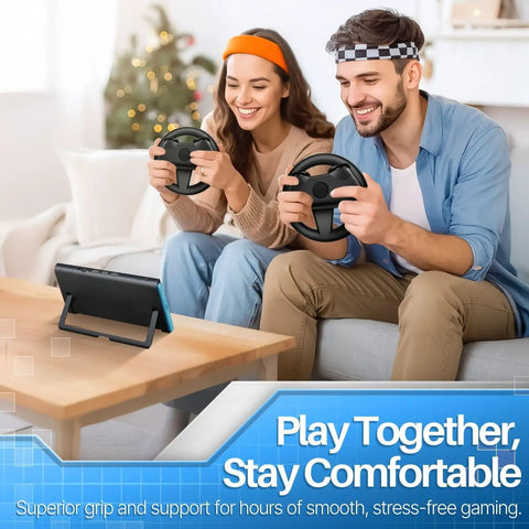 Couple playing with Switch 2 Steering Wheel Racing Accessory Kit For Mario Kart And Racing Games Dual Grip Handle Attachments