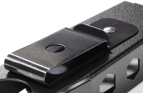Close-up of 1.5 inch spring steel belt clip on Center-Drive Multitool Sheath With Quick Draw Retention and Bit Kit Pocket