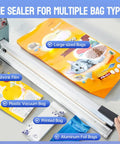 Rock Solid Impulse Heat Sealer With 20 Inch Wide Seal Bar sealing various bag types including large, printed, and foil bags.
