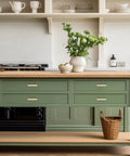 Green kitchen island with 5 Pack Brass Champagne Gold Square Cabinet Pulls For Kitchen Cabinets And Drawers, 4 Inch Overall Length.