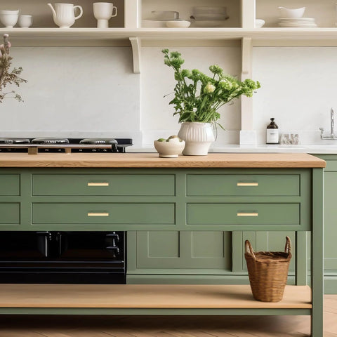 Green kitchen island with 5 Pack Brass Champagne Gold Square Cabinet Pulls For Kitchen Cabinets And Drawers, 4 Inch Overall Length.
