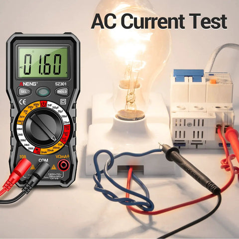 Digital Multimeter With Case For Home And Auto Use measuring AC current with a light bulb and electrical circuit setup