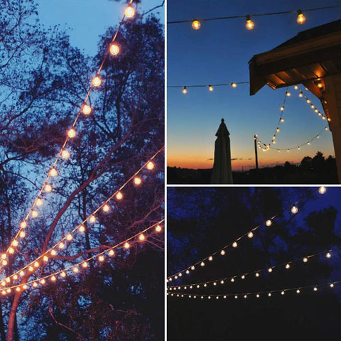 Outdoor String Lights 27 Clear G40 Bulbs On 25 Foot Black Wire Weatherproof Connectable Lighting For Patio Garden shown at dusk