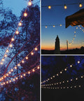 Outdoor String Lights 50Ft With 55 G40 Globe Bulbs illuminating a patio in a backyard at sunset, strung on black wire.