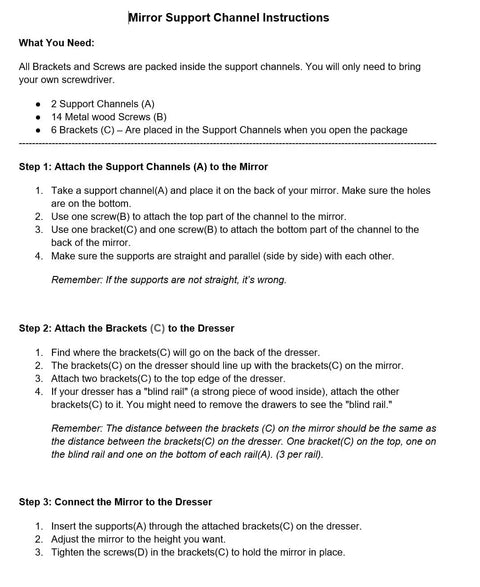 Mirror support channel instructions for Premium Heavy Duty Mirror Support Brackets Rock Solid Adjustable 60 Inch.