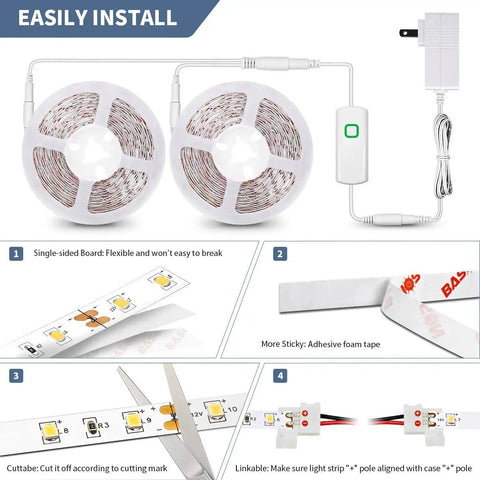 32.8ft Warm White Dimmable LED Strip Lights Kit With Flexible Rope Design installation guide with adhesive tape, connectors, and dimmer