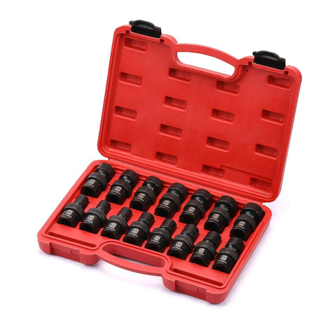 Beefy Fifteen Piece Half Inch Drive Shallow Universal Impact Socket Set With Flexible Wobble Swivel 6 Point Metric Sockets in red case