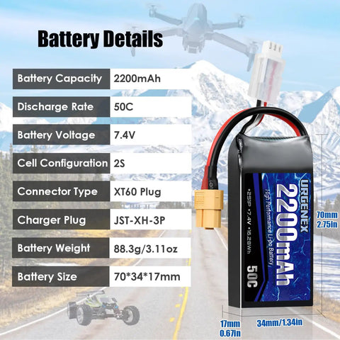 2S 2200mAh 7.4V Lipo Battery With XT60 Plug For RC Cars Drones And FPV Rigs 50C Continuous Burst 80C High Discharge Power