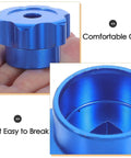Round Wheel Handwheel Replacement For Exterior Faucet And Outdoor Spigot, blue aluminum knob, visible square hole, held in hand