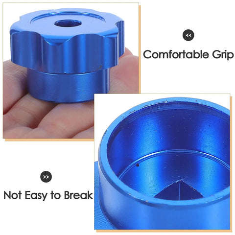 Round Wheel Handwheel Replacement For Exterior Faucet And Outdoor Spigot, blue aluminum knob, visible square hole, held in hand