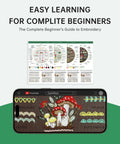 Beginner Embroidery Kit With 4 Learning Stages And 38 Stitches, showing guide and video on a smartphone for easy learning.