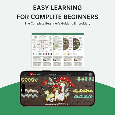 Beginner Embroidery Kit With 4 Learning Stages And 38 Stitches, showing guide and video on a smartphone for easy learning.
