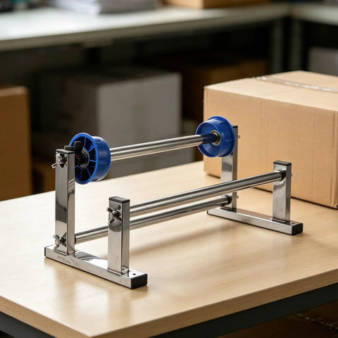 Adjustable Tabletop Stretch Film Dispenser With Cutter Lightweight Metal And Plastic Build Manual Hand Wrap Tool For Cargo And Pallet Wrapping Easy Grab And Go One Hand Operation For Quick Pack Jobs on a table with boxes