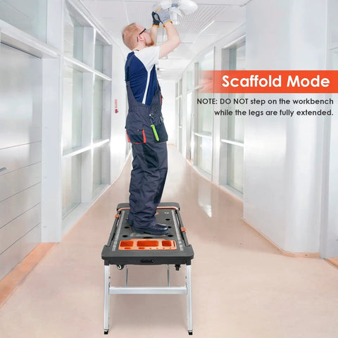Person using All In One Portable Workstation With Power Outlet And Adjustable 20.5 To 31.5 Inch Folding Workbench Table in scaffold mode.