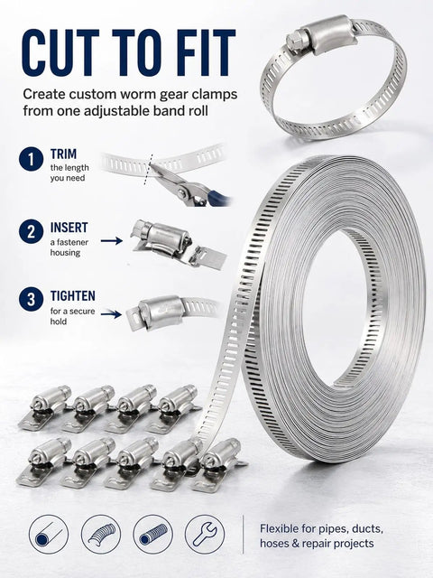 Get That Custom Cut Hose Clamp Kit You Need By The Foot With This Awesome Stainless Steel Worm Gear Roll For All Your Home Repair Projects Made From Tough 304 Metal To Fit Any Pipe Size stainless steel 30-foot clamp roll kit with fasteners
