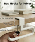 Heavy Duty Clamp On Desk Hook For Bags And Backpacks With Anti Slip Grip Extended Clearance Bag Holder shown on wooden desk.