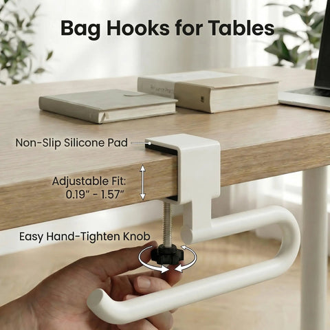 Heavy Duty Clamp On Desk Hook For Bags And Backpacks With Anti Slip Grip Extended Clearance Bag Holder shown on wooden desk.