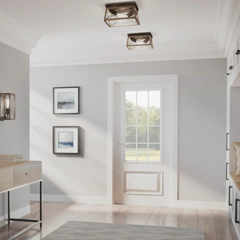 Interior with Two-Light Briarwood Flush Mount Ceiling Light in Antique Bronze with Faux Wood Oak Finish, 12 by 6 Inch
