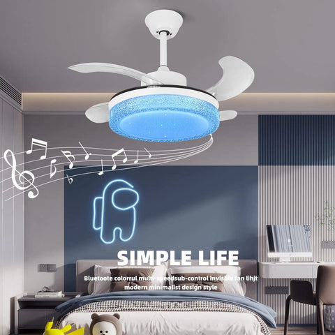 36 Inch Smart Retractable Ceiling Fan With Bluetooth Speaker For Kids Room in bedroom with RGB lights and music notes