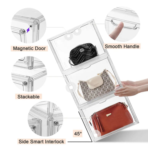 3 Pack Clear Acrylic Purse And Handbag Organizer For Closet With Magnetic Door, stackable display with purses inside