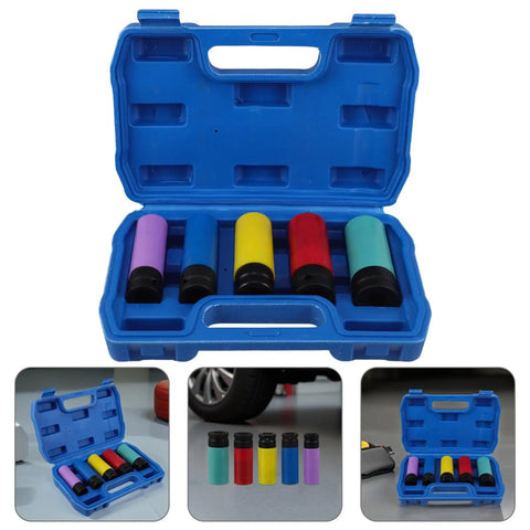 Heavy Duty Non Marring Impact Wheel Nut Socket Set With Color Coded Protective Sleeves For Fast Thin Wall Deep Lug Nut Removal Tools And Extended 5 pcs Wrench Kit Perfect For American Car And Truck Automotive Repair Jobs, blue case open