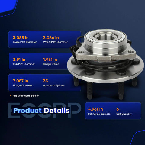 Front Wheel Hub Bearing Assembly 515036 For Cadillac Escalade Tahoe Silverado Suburban Express Savana Sierra Yukon 2000 2007 6 Lug 4X4 With ABS Front Left And Right Axle Replacement, product specifications displayed