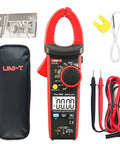 600A True RMS Digital Clamp Meter Multimeter with auto range data hold, accessories including probes, and carrying case