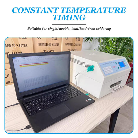 Laptop connected to Powerful 800W Reflow Oven With Infrared Heater Soldering Station for PCB Boards on desk