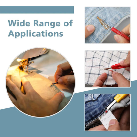 Image showing Ultimate All In One Seam Ripper Kit For Sewing And Crafting Enthusiasts being used on fabric, jeans, and shirt.