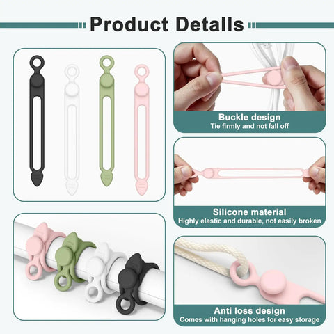 Reusable Silicone Cable Ties 20 Pack Boss Level Desktop Cord Organizers With Secure Snap Lock and Stretchy Loop Wraps, shown in four colors.
