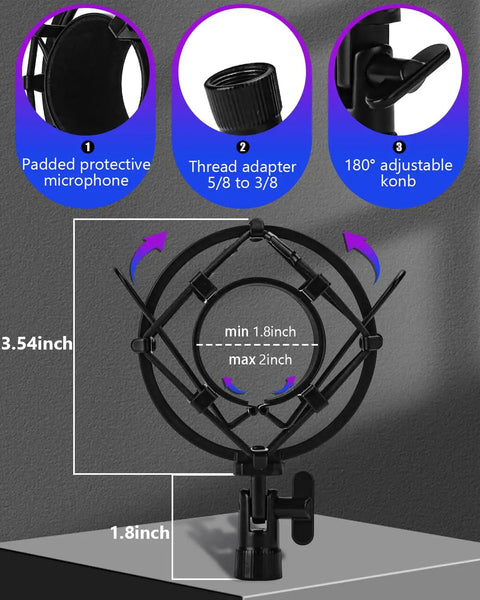 Universal Microphone Shock Mount For 47mm To 53mm Mics, Anti Vibration Clip Holder with adjustable knob and thread adapter