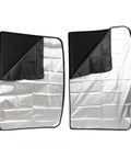 Custom Tailored Four Piece Tesla Model Y Sunroof Solar Shades In Slick Light Grey with black edges and shiny silver interior for heat blocking.