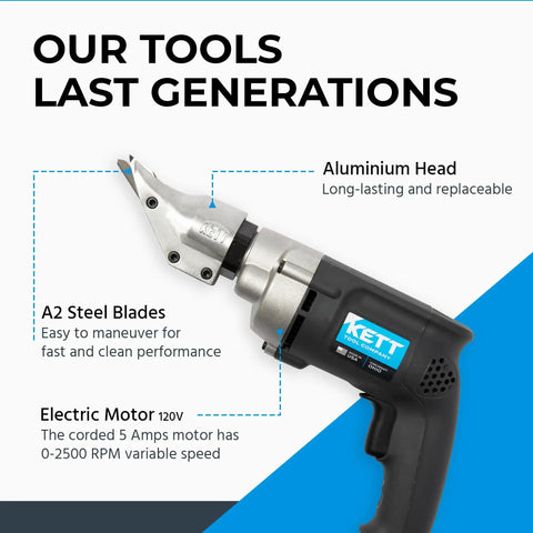 Close-up of 18-Gauge Double Cut Electric Shears with A-2 steel blades, 2500 RPM motor, and ergonomic design for metal fabrication.