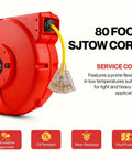 Side view of Retractable Extension Cord Reel 80 Ft, 12 AWG Industrial Grade Cable, red casing, yellow cord, triple tap outlet.