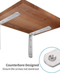 Heavy Duty 4X4 Inch L Brackets Solid Stainless Steel Corner Supports Rust Proof Shelf Braces Brushed Finish 4 Pack mounted under wood shelf.