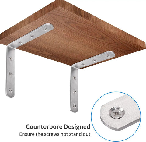 Heavy Duty 4X4 Inch L Brackets Solid Stainless Steel Corner Supports Rust Proof Shelf Braces Brushed Finish 4 Pack mounted under wood shelf.