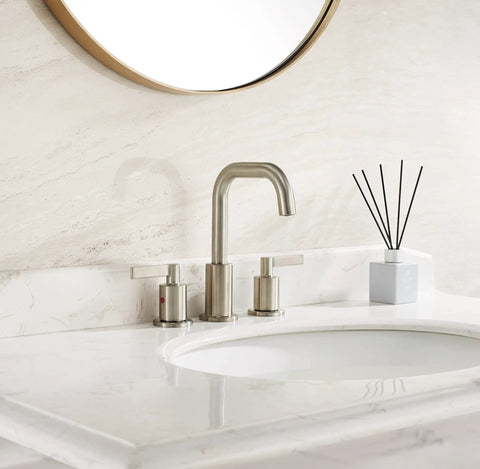 Brushed Gold Sleek 8 Inch Widespread Bathroom Faucet With Two Handles High Arc Spout Pop Up Drain 3 Hole Vanity Sink Faucet