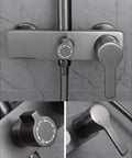 Exposed Shower System with Waterfall Tub Spout Rainfall Shower Set Black control knobs showing temperature and water flow functions.