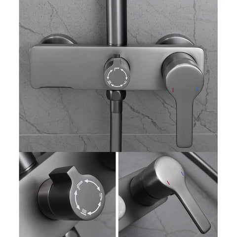 Exposed Shower System with Waterfall Tub Spout Rainfall Shower Set Black control knobs showing temperature and water flow functions.
